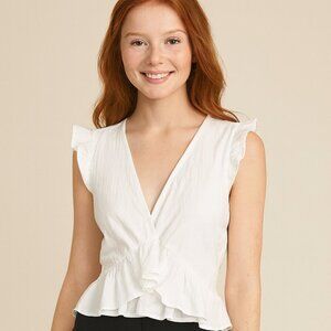 FancyInn White V Neck Flutter Sleeve Ruffle Blouse Medium